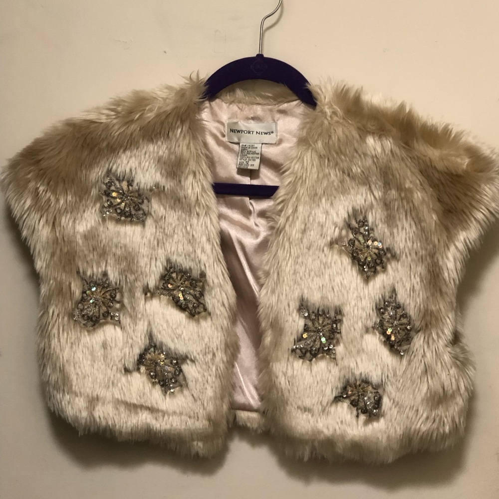 Newport News Woman’s Faux Fur Vest - Cream with Embellishments